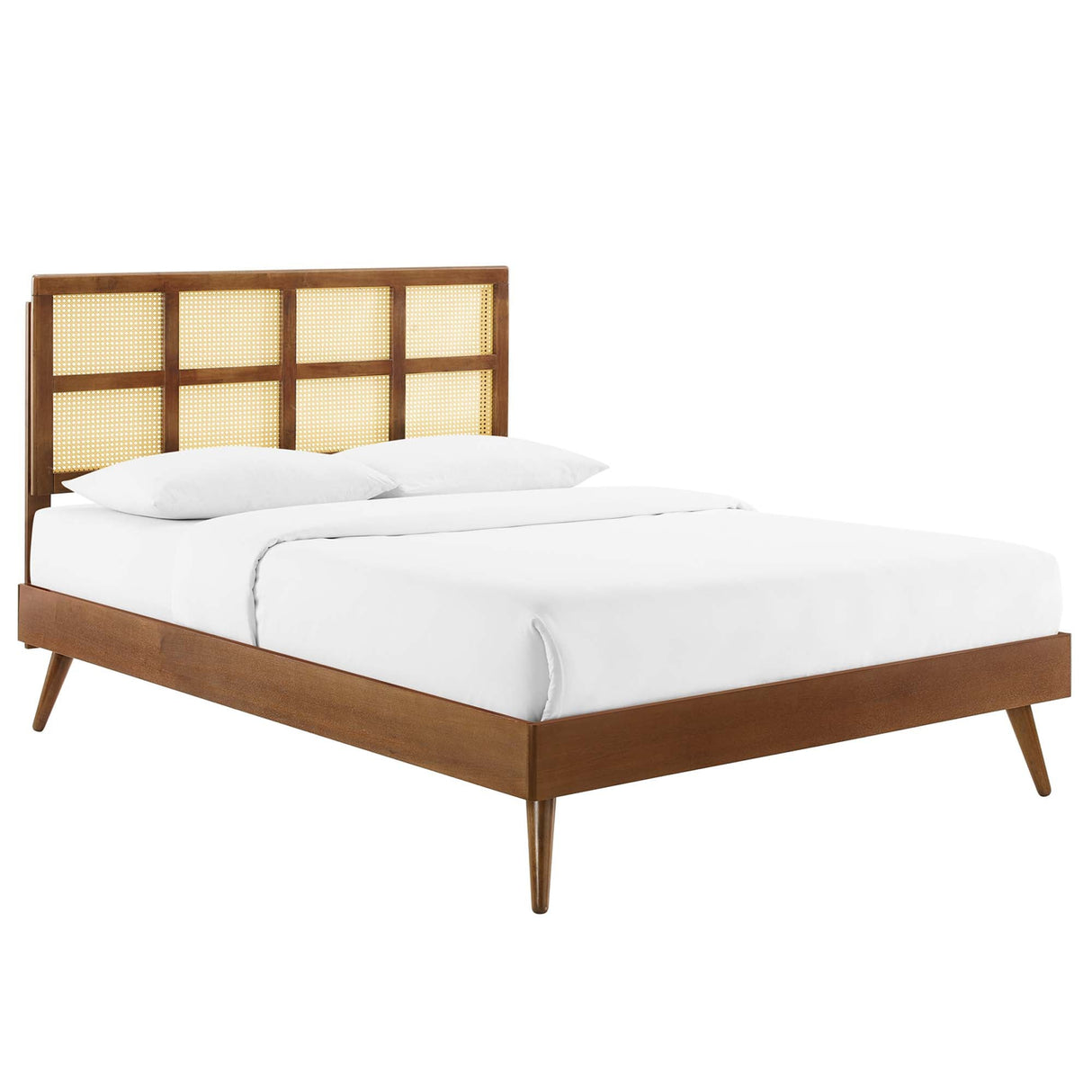 Woven Cane Rattan and Wood Platform Bed with Splayed Legs