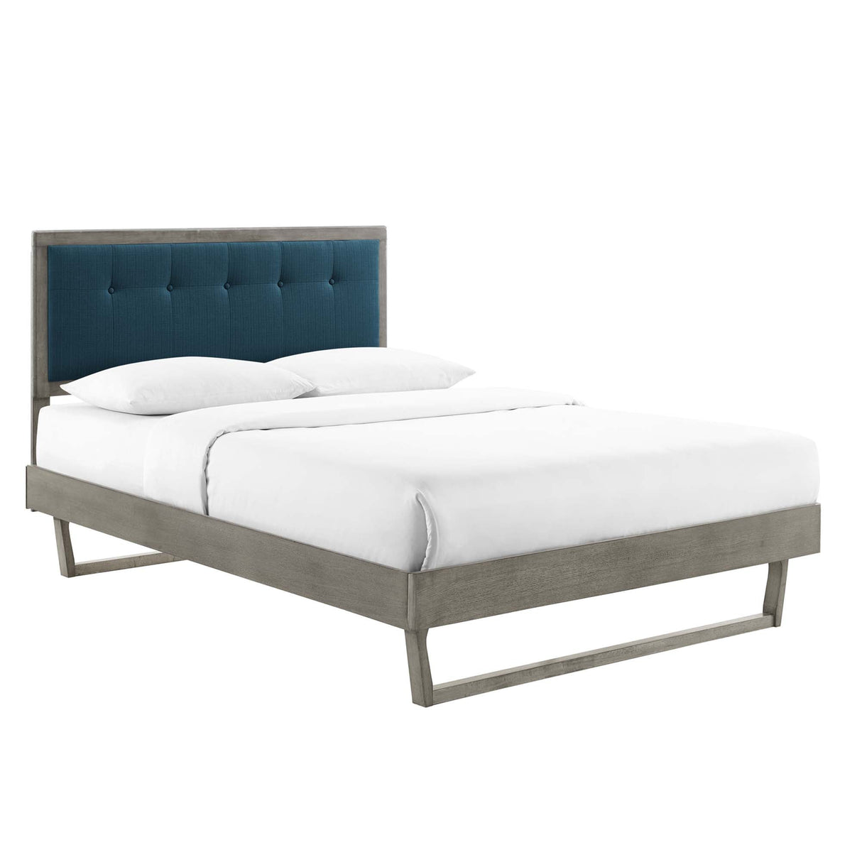 Tufted Wood Platform Bed with Angular Frame