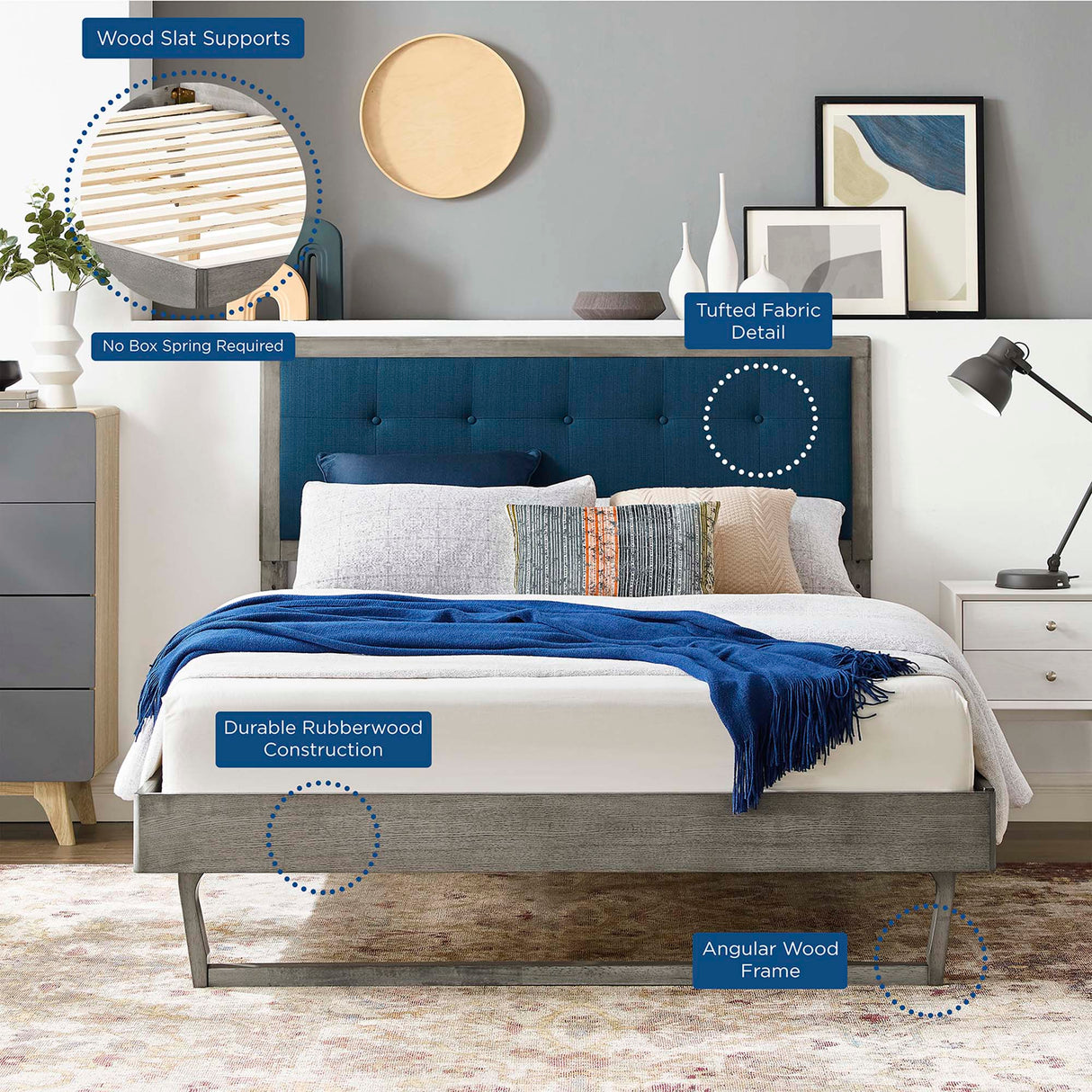 Tufted Wood Platform Bed with Angular Frame