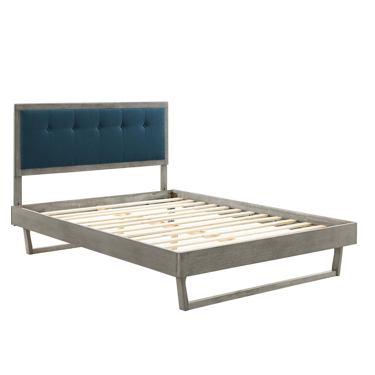 Tufted Wood Platform Bed with Angular Frame