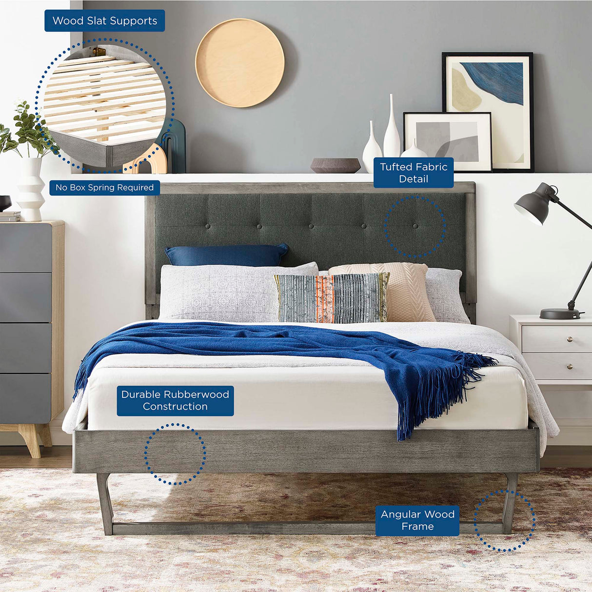 Tufted Wood Platform Bed with Angular Frame