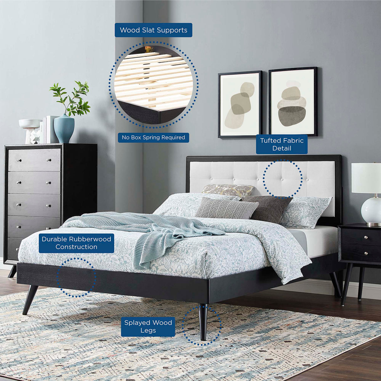 Tufted Wood Platform Bed with Splayed Legs