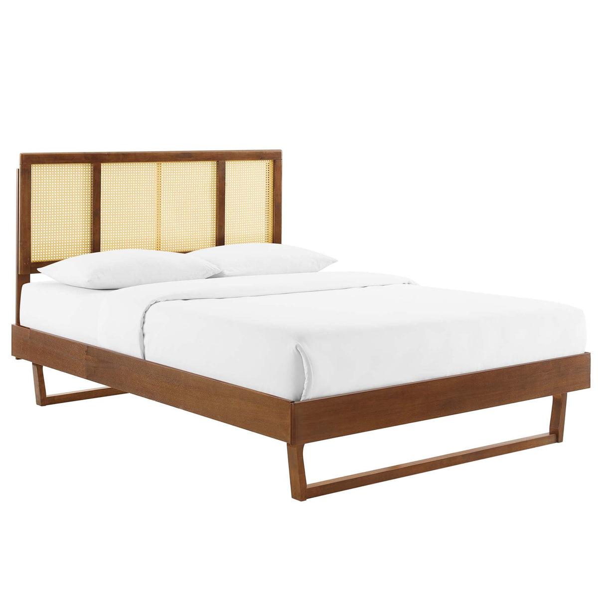 Woven Cane Rattan and Wood Platform Bed with Angular Legs