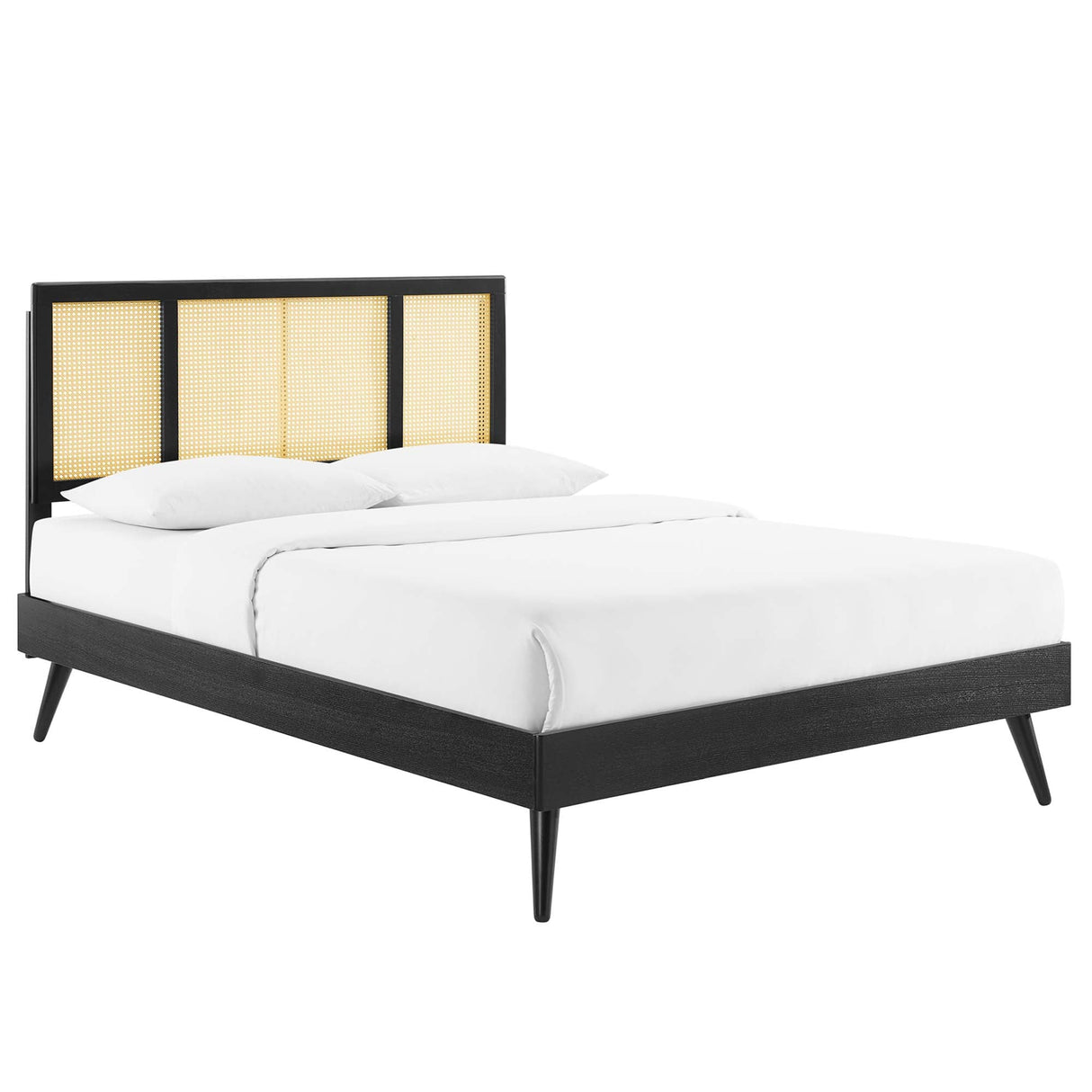Cane and Wood Platform Bed with Splayed Legs