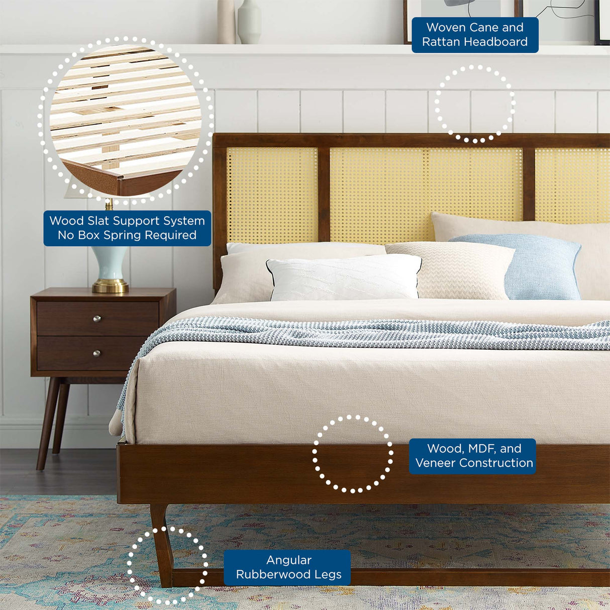 Woven Cane Rattan and Wood Platform Bed with Angular Legs
