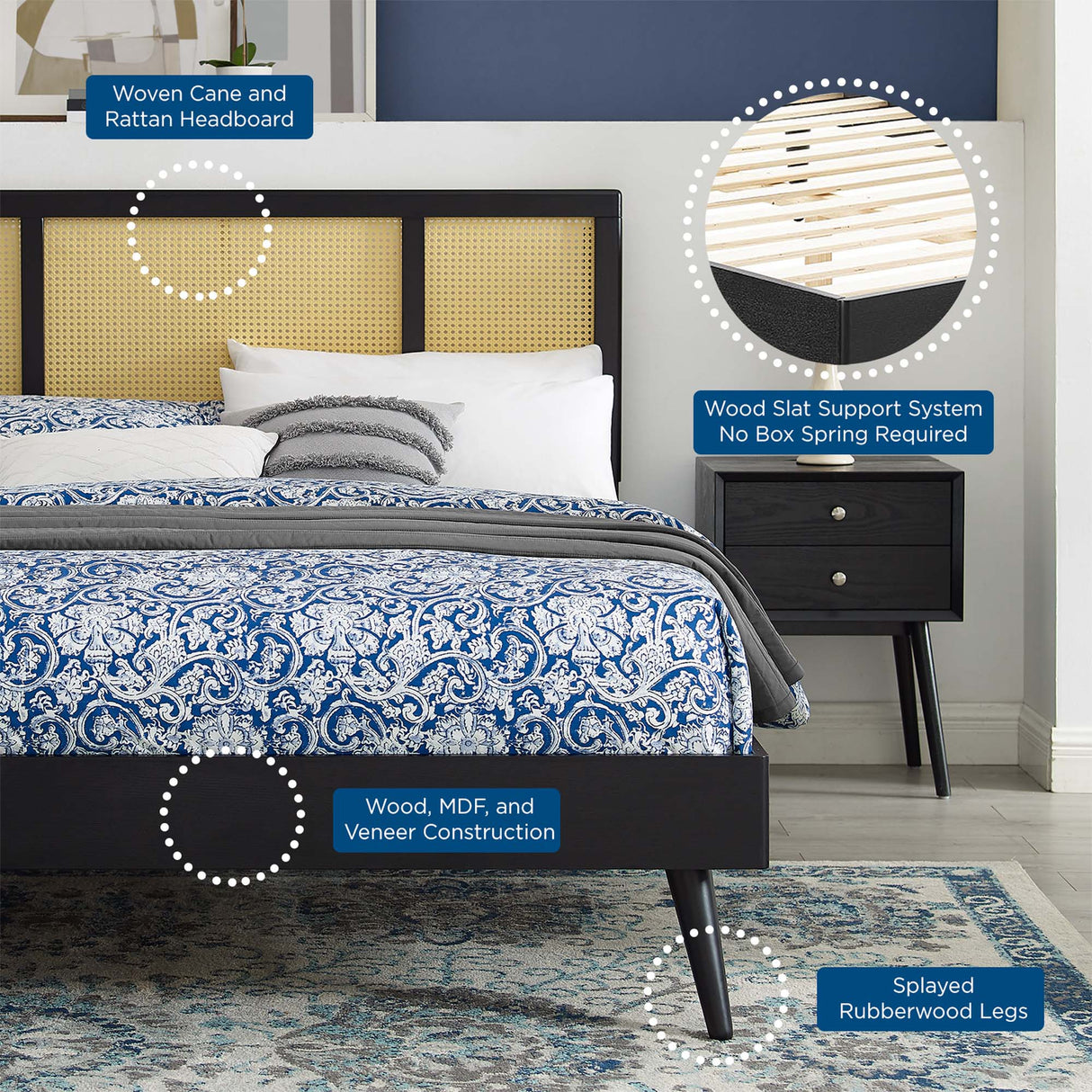 Cane and Wood Platform Bed with Splayed Legs