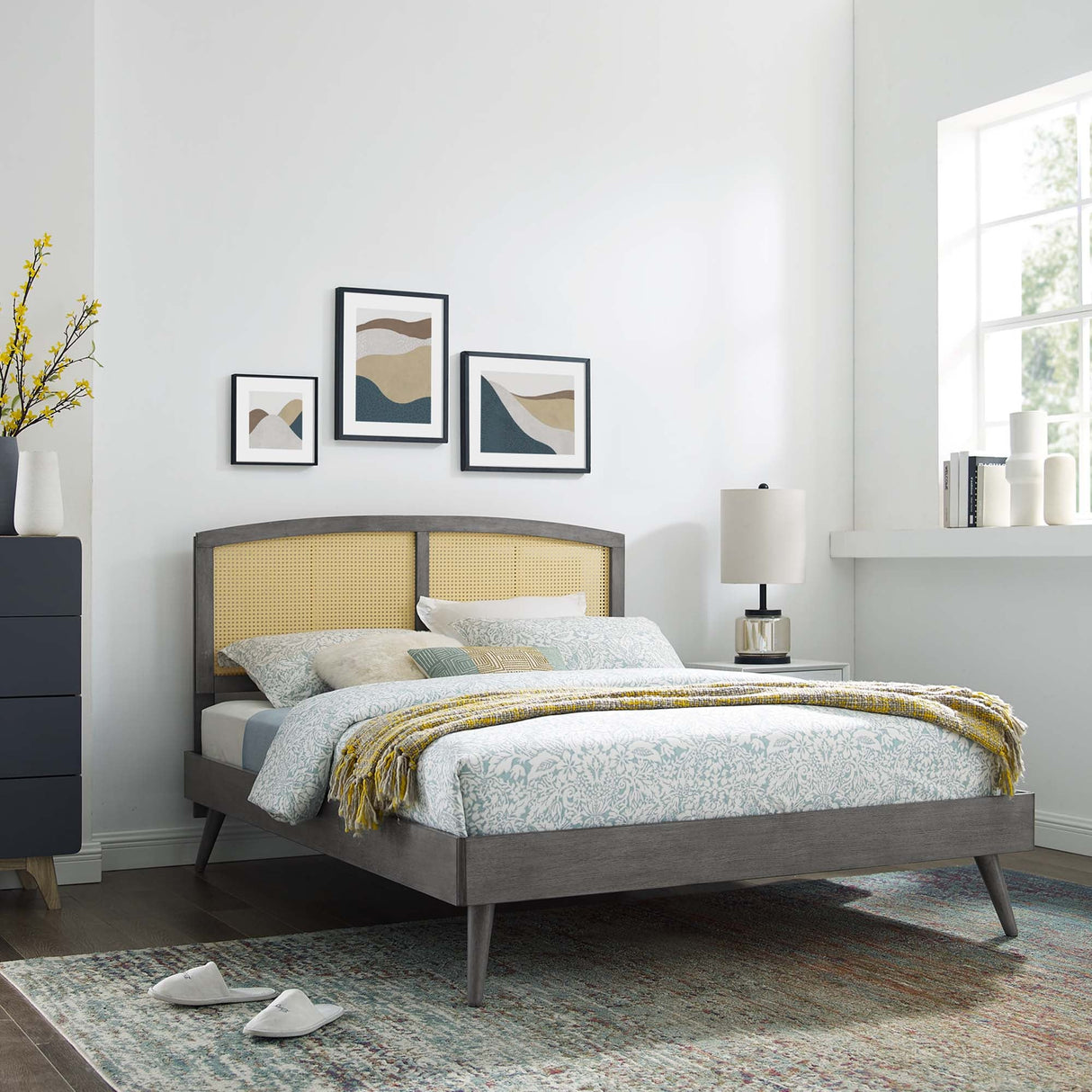 Cane and Wood Platform Bed with Splayed Legs