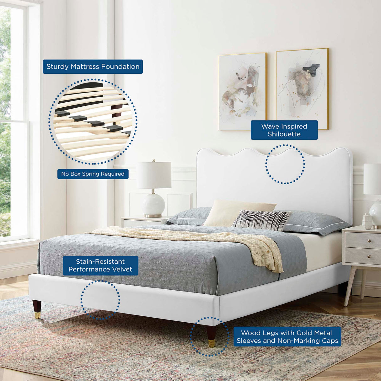 Wave-Inspired Scalloped Performance Velvet Platform Bed