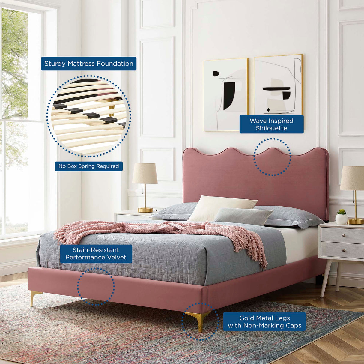 Wave-Inspired Scalloped Performance Velvet Platform Bed