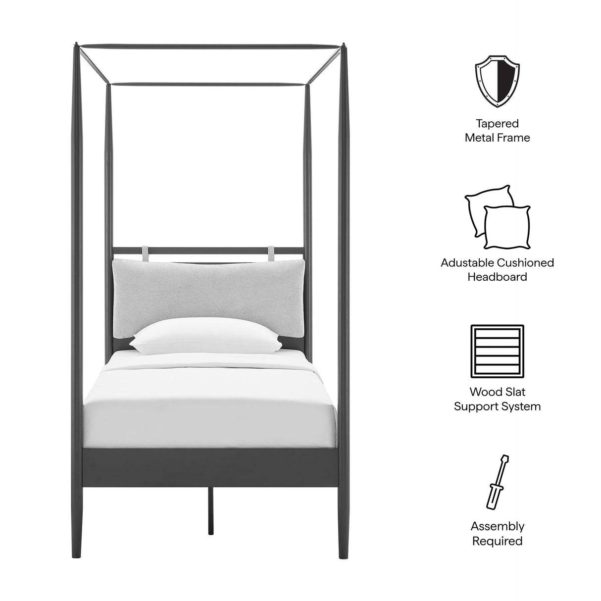 4-Poster Canopy Metal Platform Bed with Adjustable Cushioned Headboard