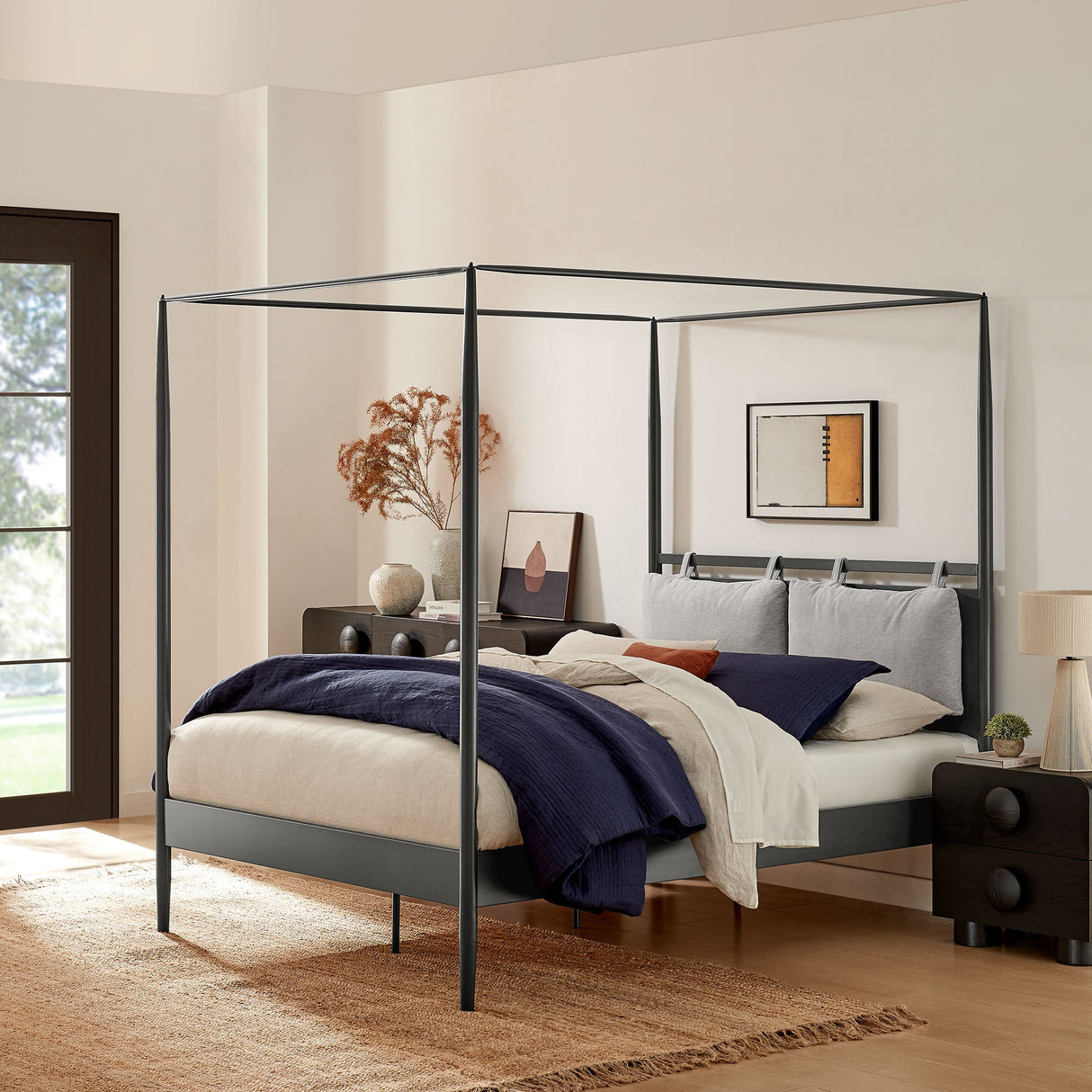 4-Poster Canopy Metal Platform Bed with Adjustable Cushioned Headboard