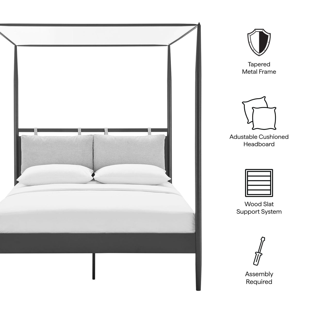 4-Poster Canopy Metal Platform Bed with Adjustable Cushioned Headboard