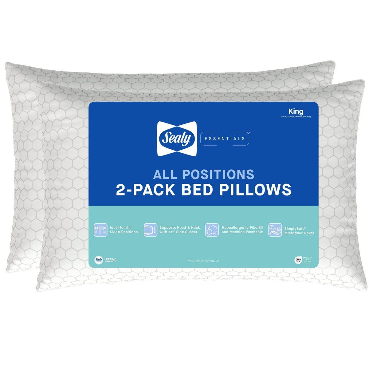 Sealy Essentials All Positions King Bed Pillow 2-Pack – Hexagon Pattern