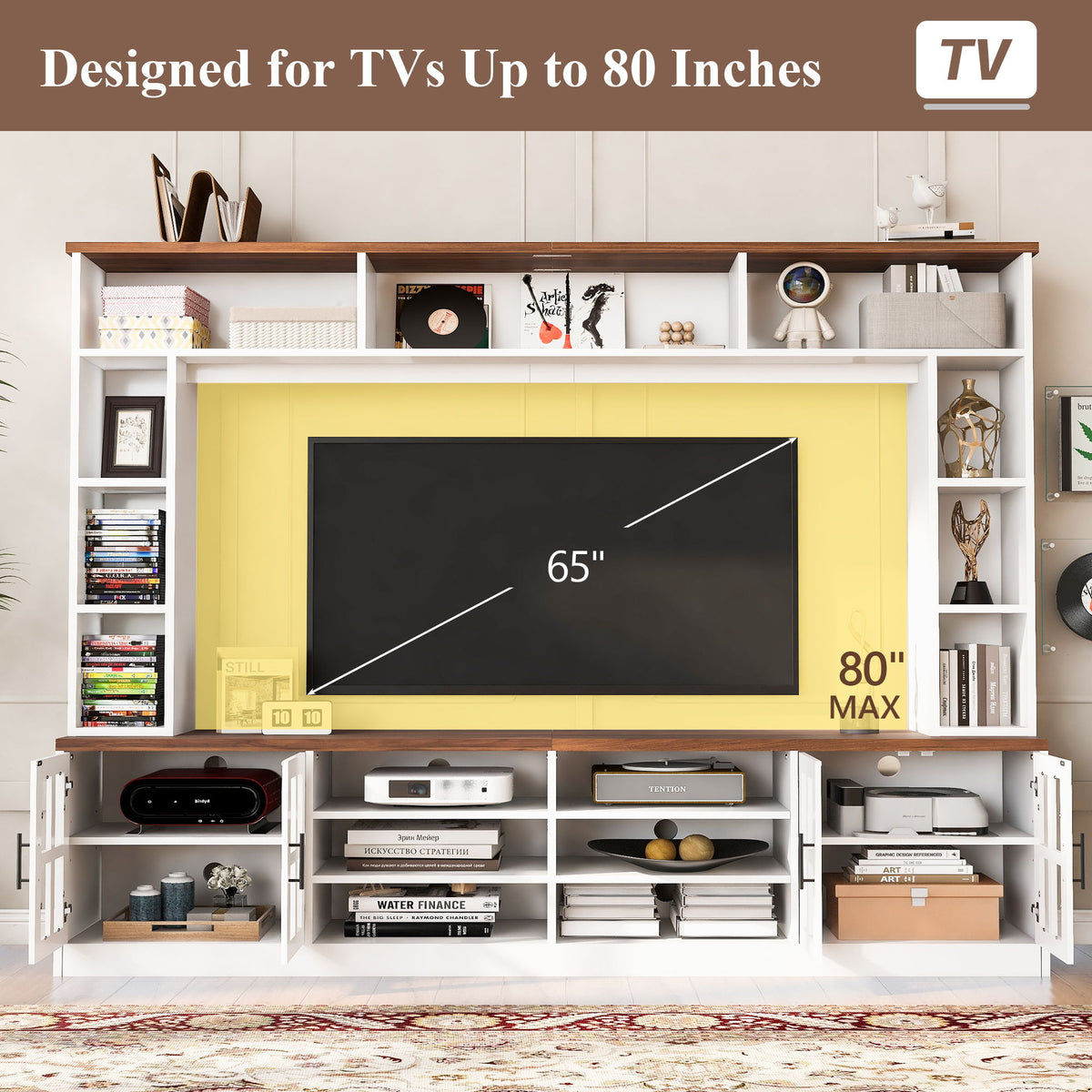 Wall Unit Entertainment Center With Bookshelves For TVs Up To 80", Tempered Glass Doors And Adjustable Shelves