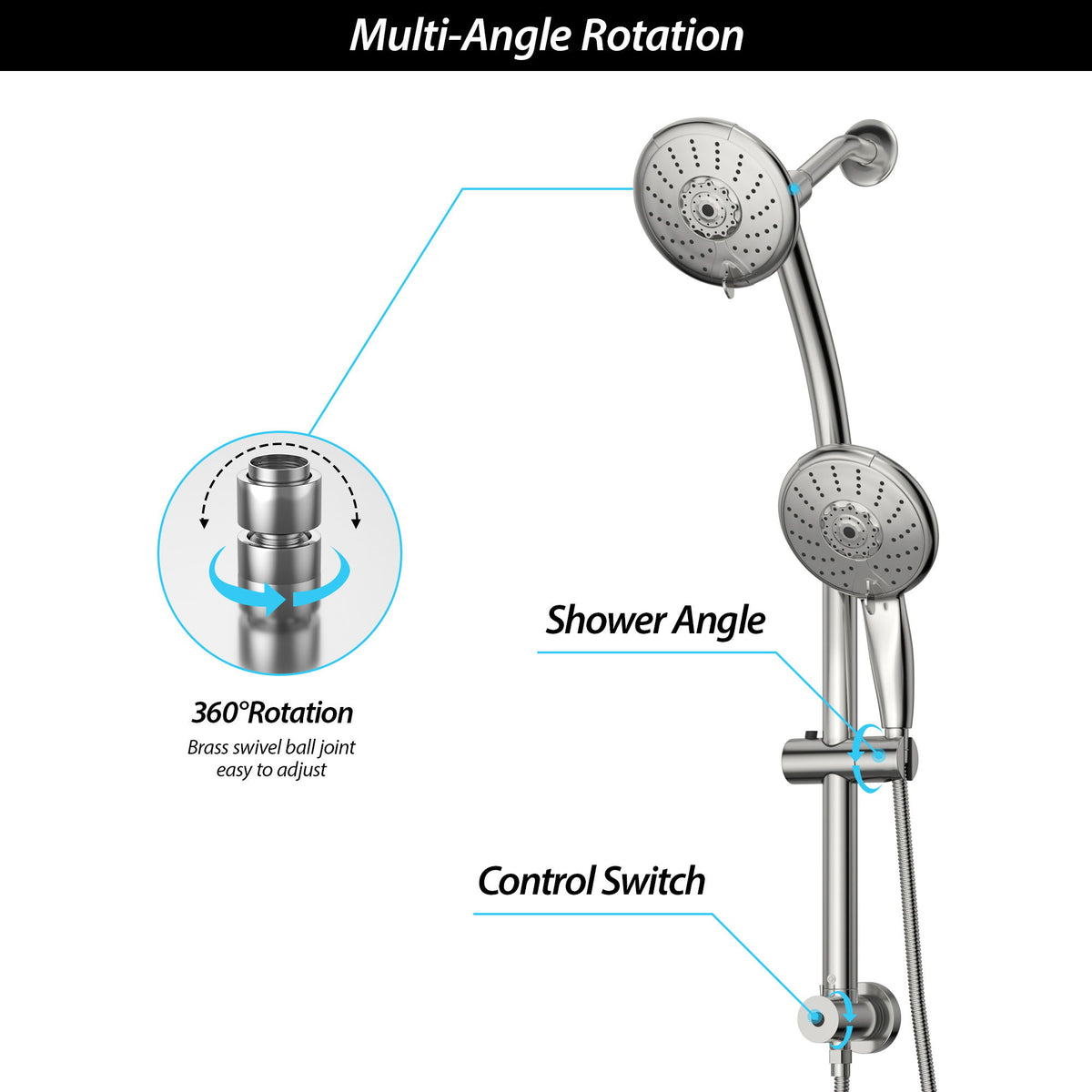 5" Multi Function Dual Shower Head With Adjustable Slide Bar - Chrome