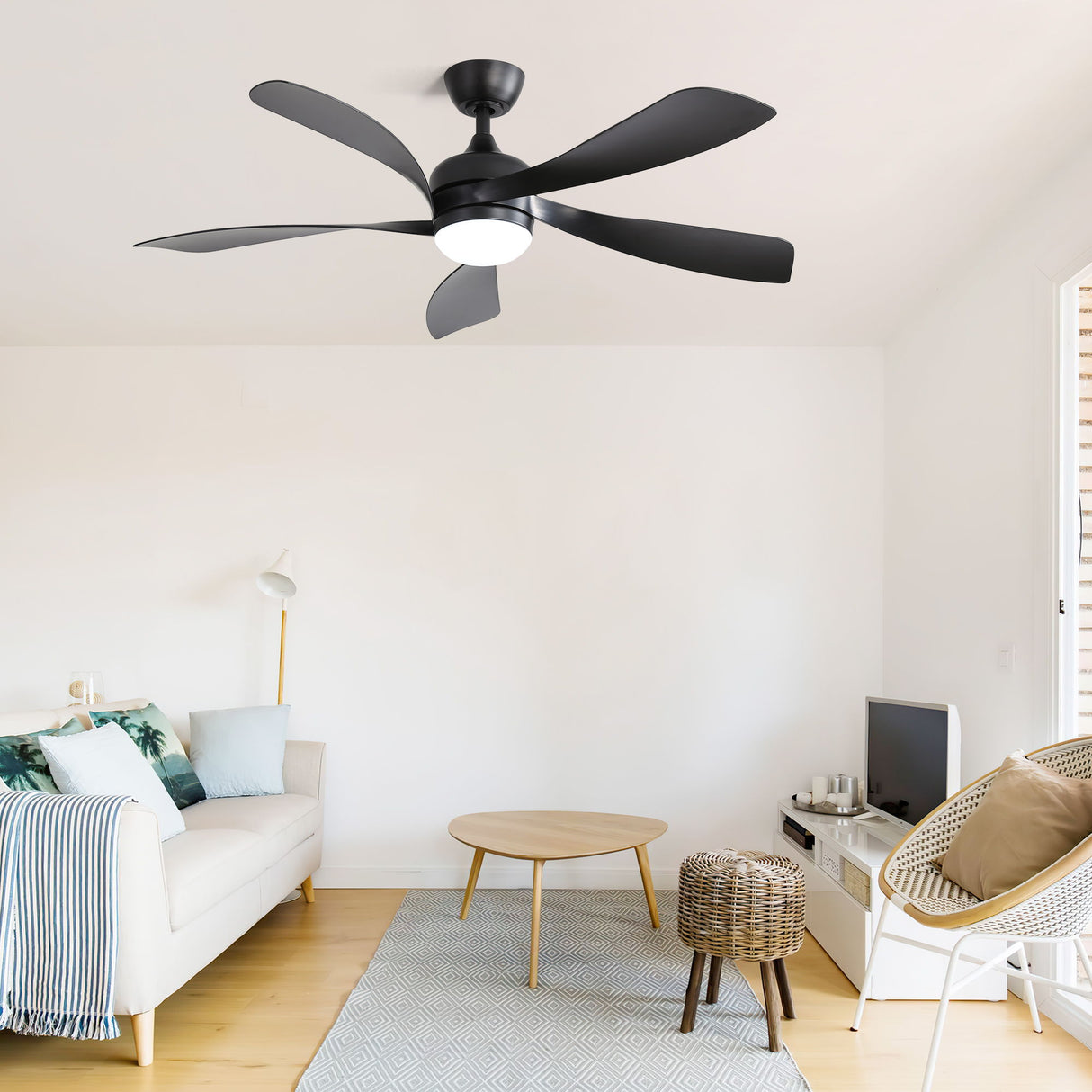Ceiling Fan With 3 Color Dimmable 5 Blades Remote Control Reversible DC Motor And LED Light - Black