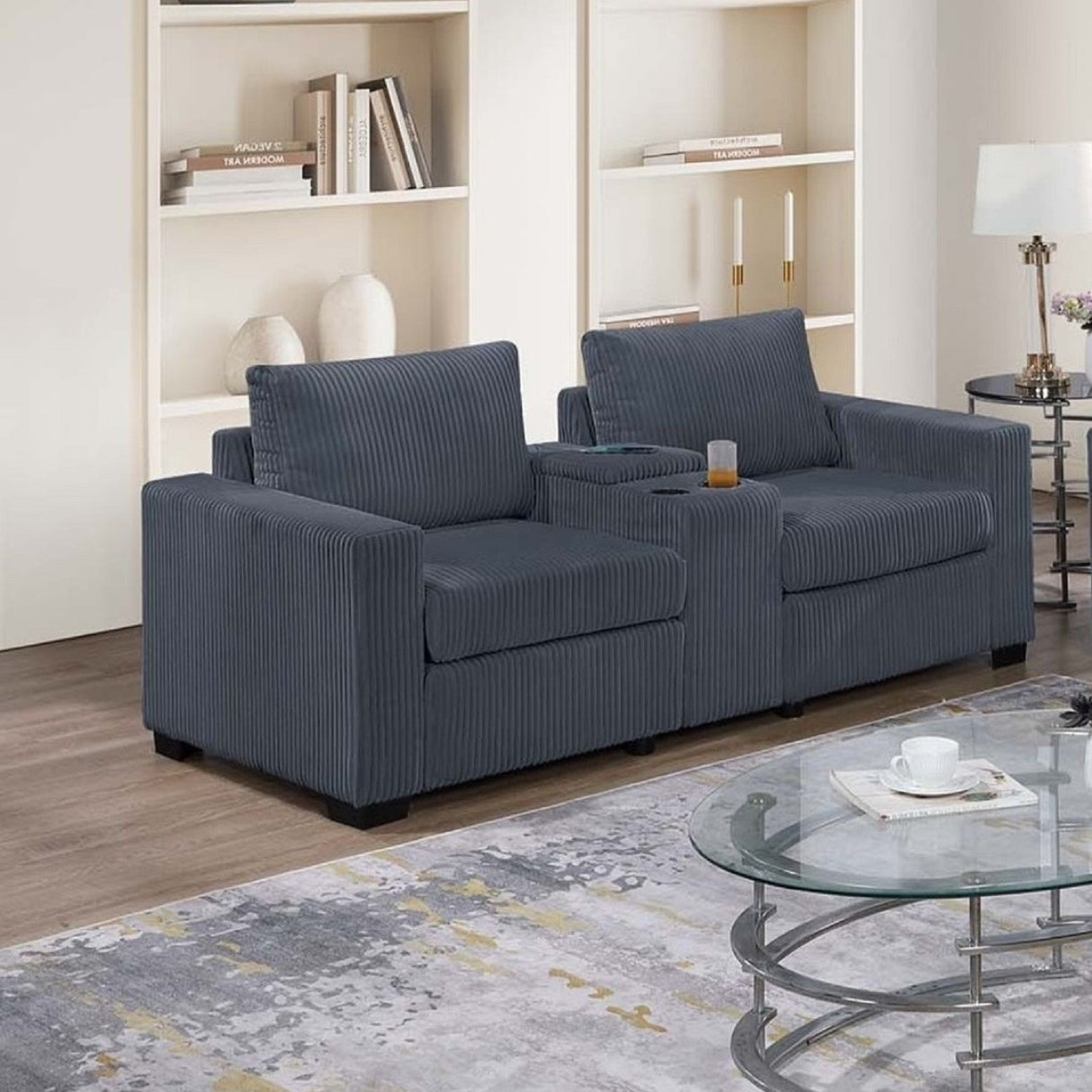 Elegant Simple Sofa Set With Console Cup Holder And Loveseat