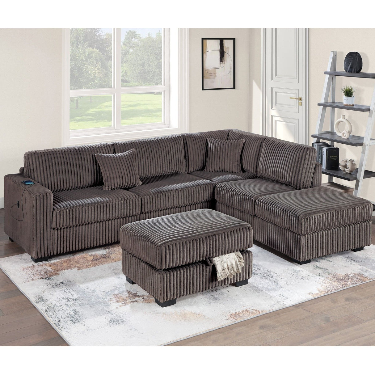 3 Piece Sectional Sofa With Reversible Chaise And USB Storage Ottoman