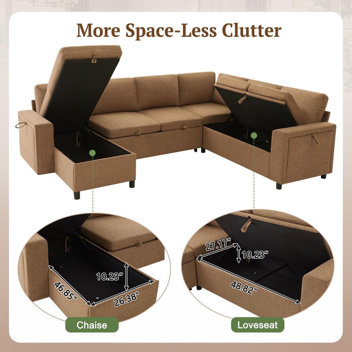 U - Shaped Convertible Sectional Sofa Bed With Storage, USB Charger & Cup Holders