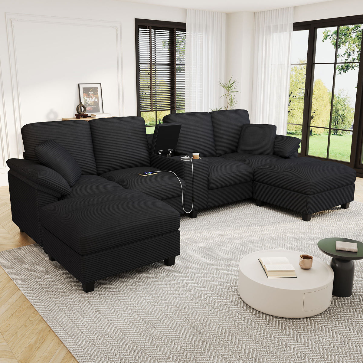 Modern U - Shaped Sectional Sofa With Storage Ottomans, USB Ports, And Cup Holders