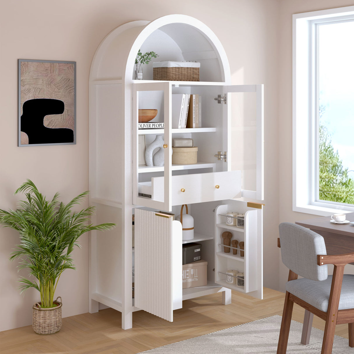 Fluted Tall Arched Pantry Cabinet With Adjustable Shelves, Glass Door & Hidden Drawer For Kitchen