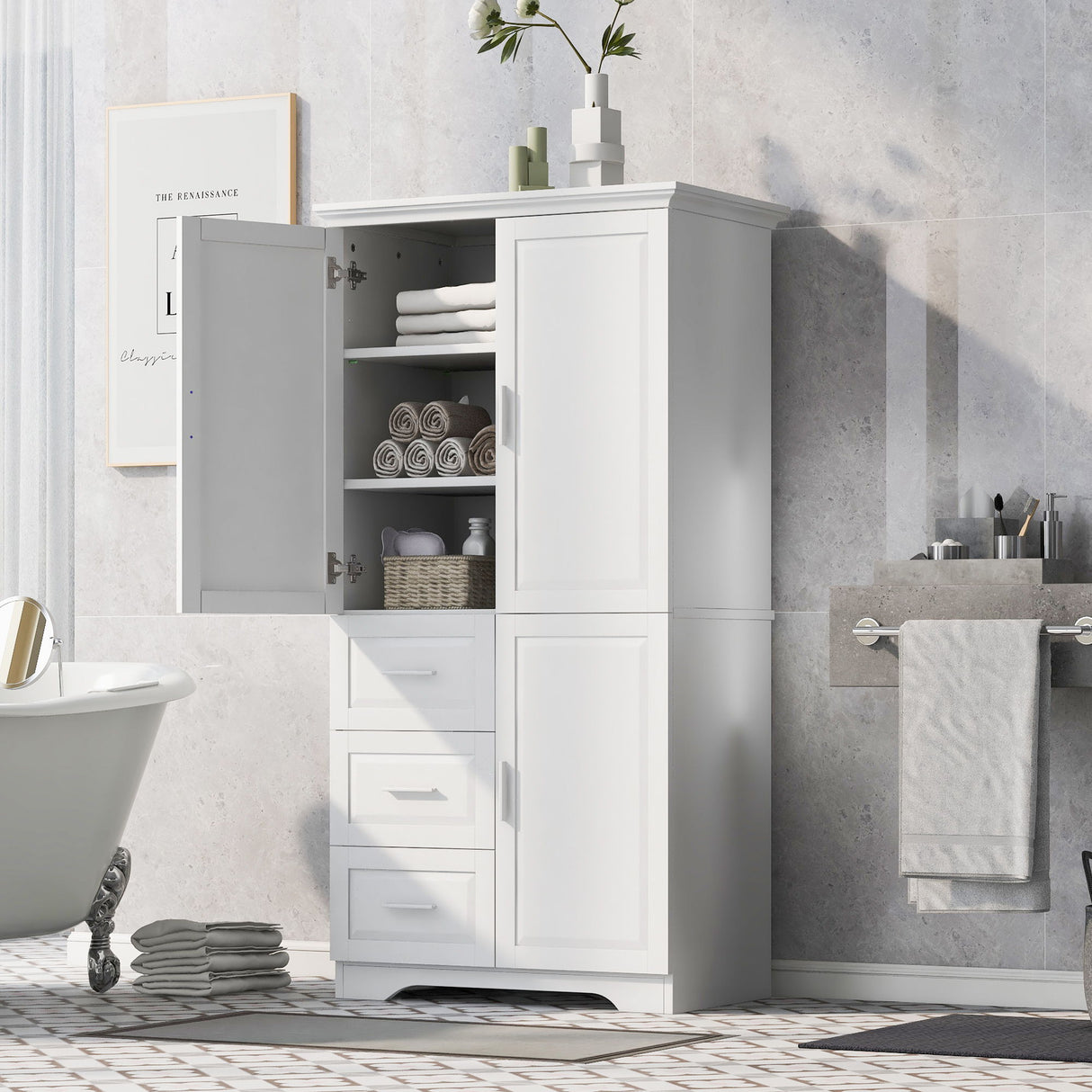 Tall Wide Storage Cabinet With Doors, 3 Drawers