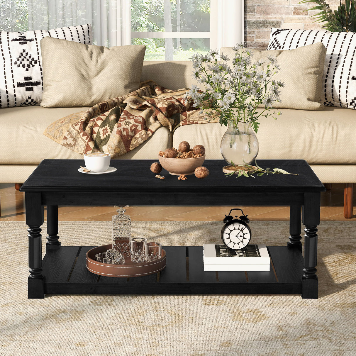 Coffee Table With Slatted Lower Shelf For Living Room