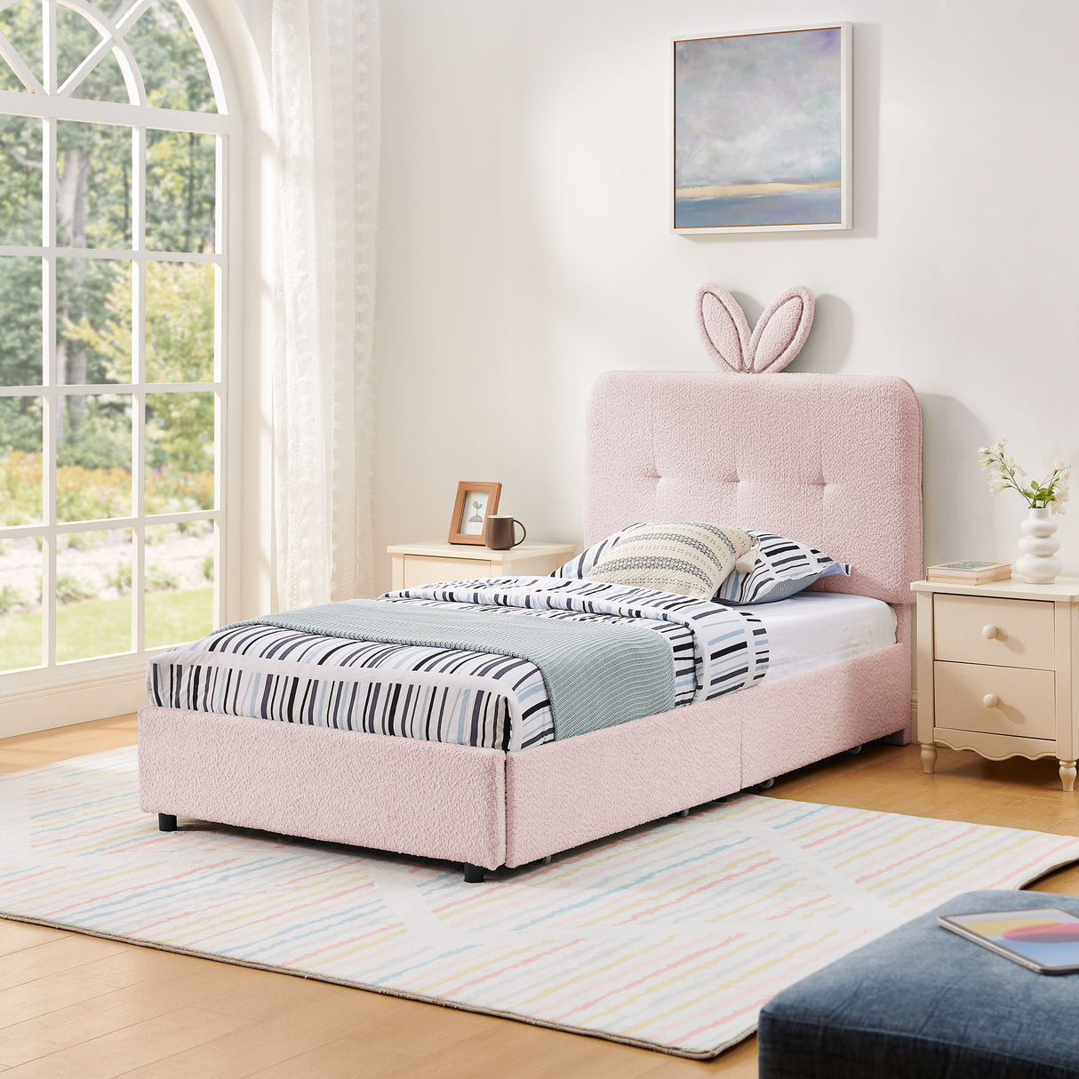 Upholstered Bed With Oversized Rabbit Ear Headboard, LED Lights & 4 Storage Drawers