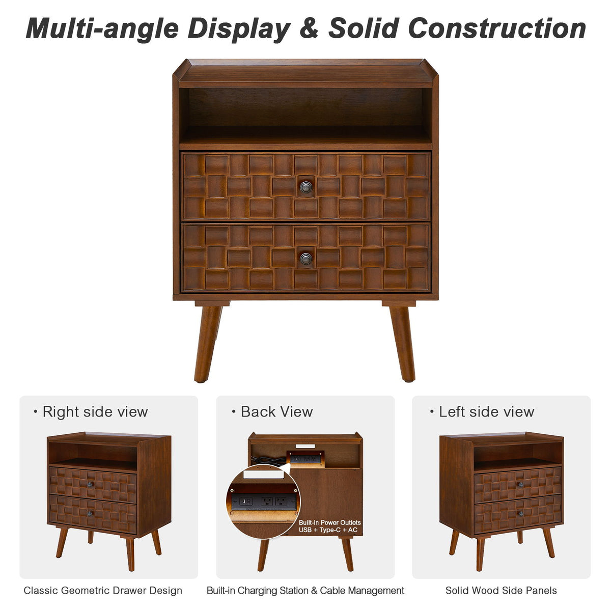Nightstand With Charging Station, 2 Drawer Bedside Table With Shelf And USB / AC Ports