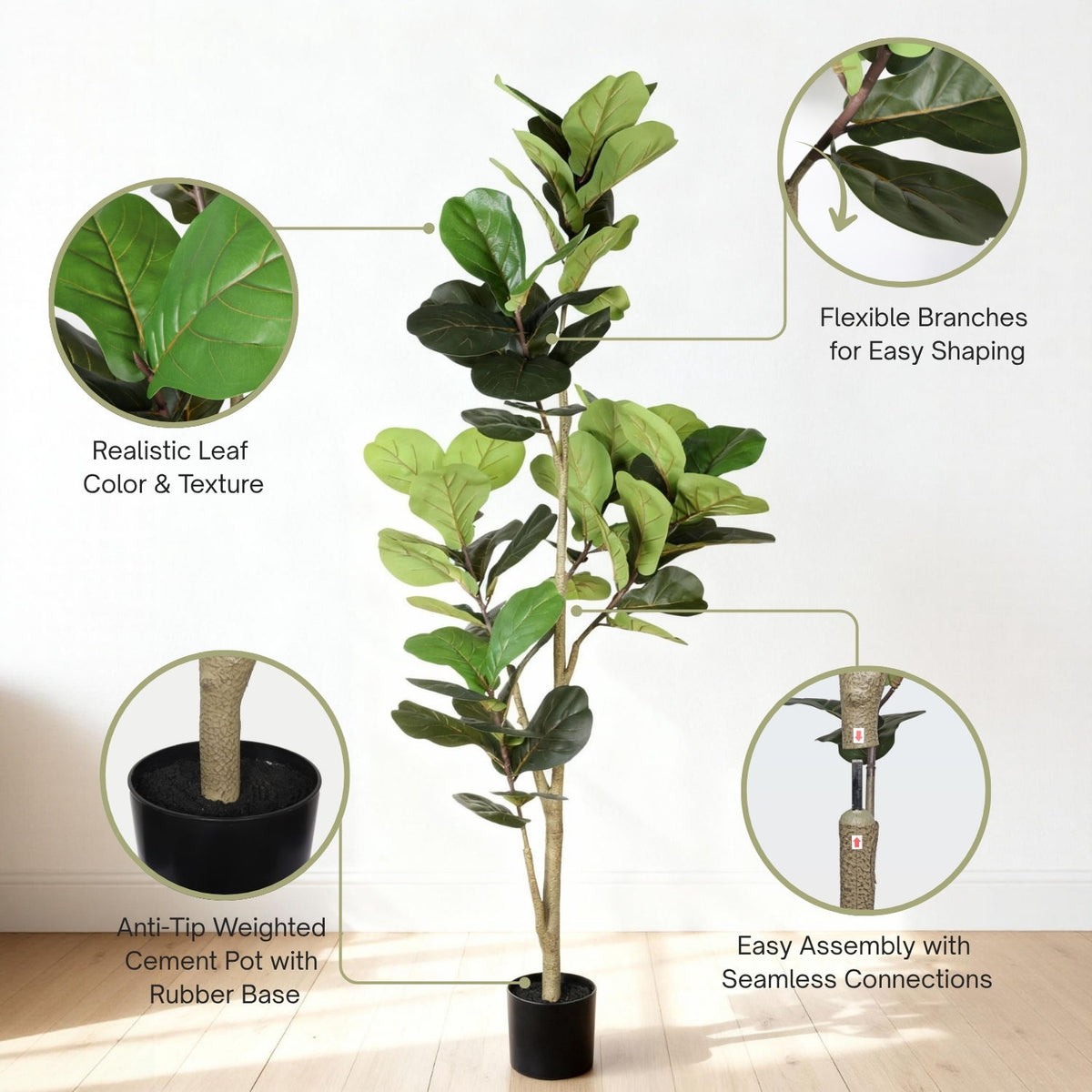 6Ft Real Touch Fake Fiddle Leaf Fig Tree In Pot, Indoor Decor For Home - Green Leaves