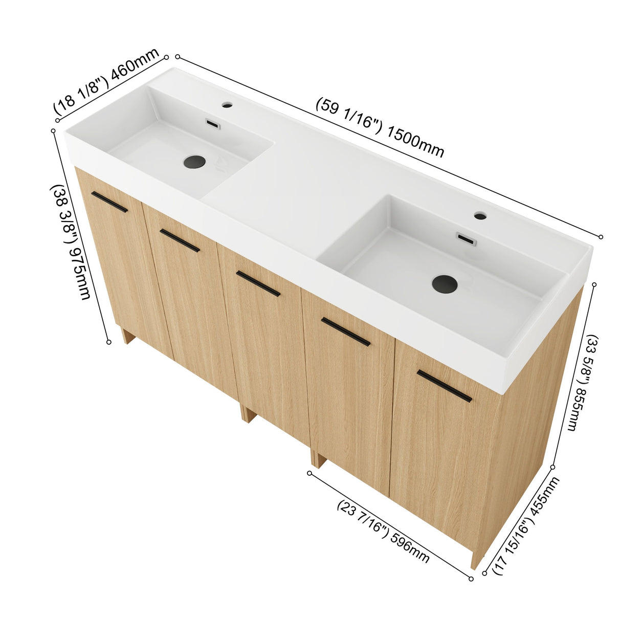 Double Sink Bathroom Vanity Set With Tall Linen Cabinet, Extra Large Storage, Integrated Sink, Freestanding Cabinet - Light Oak / White