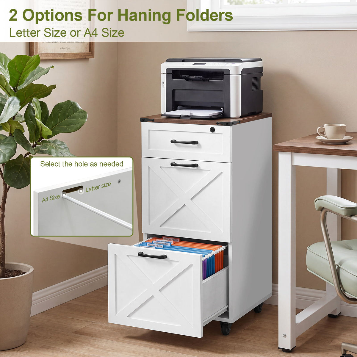 3 Drawer File Cabinet With Wheels, Vertical Rolling Storage For Letter / A4, Printer Stand & Mobile Organizer For Home Office - White