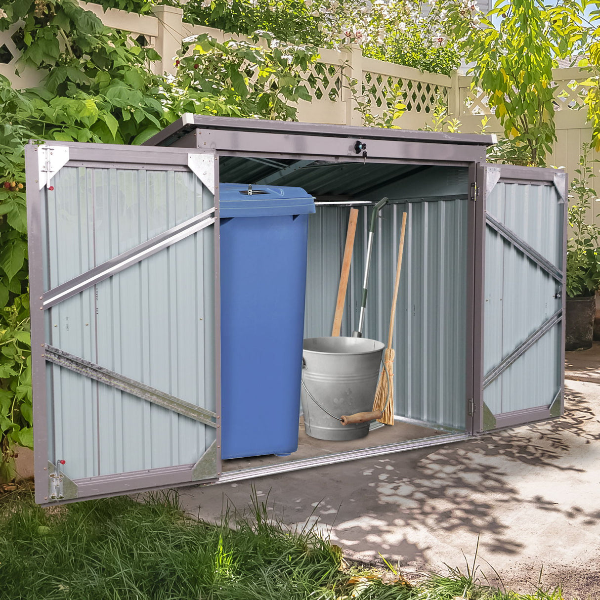 Garbage Bin Shed Trash Can Enclosure Storage Building Steel 62x53in Gray