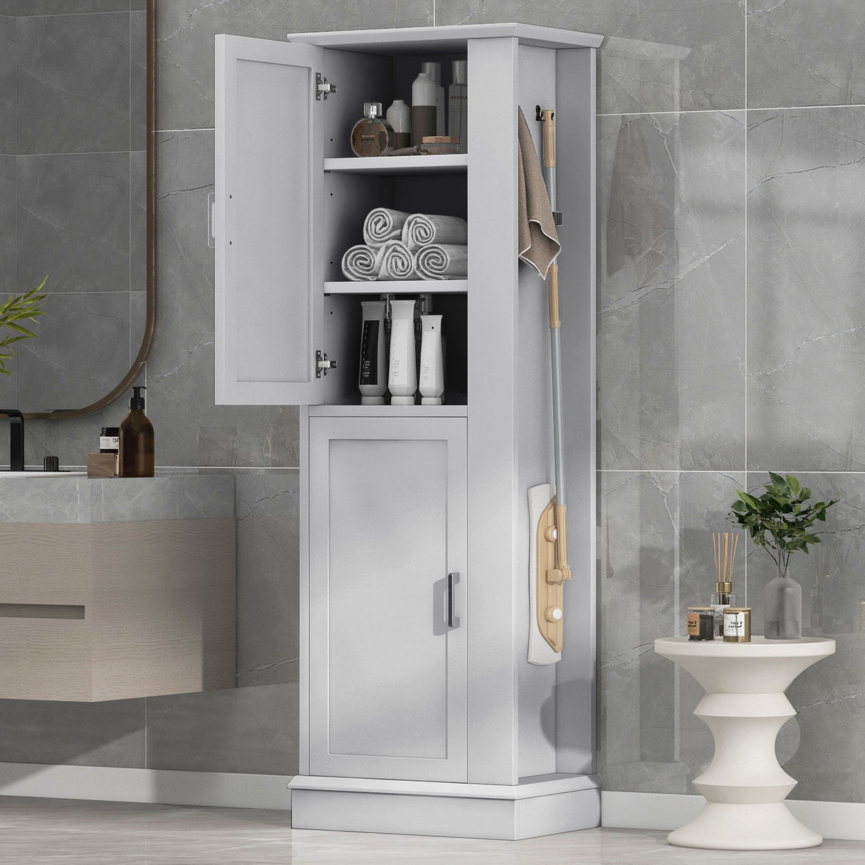 Tall Freestanding Bathroom Storage Cabinet With Adjustable Shelves And Side Hooks