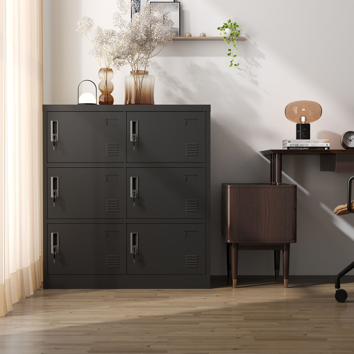 6 Door Employee Storage Locker, Lockers For Office, Gym, School, And Home With Card Slot - Black
