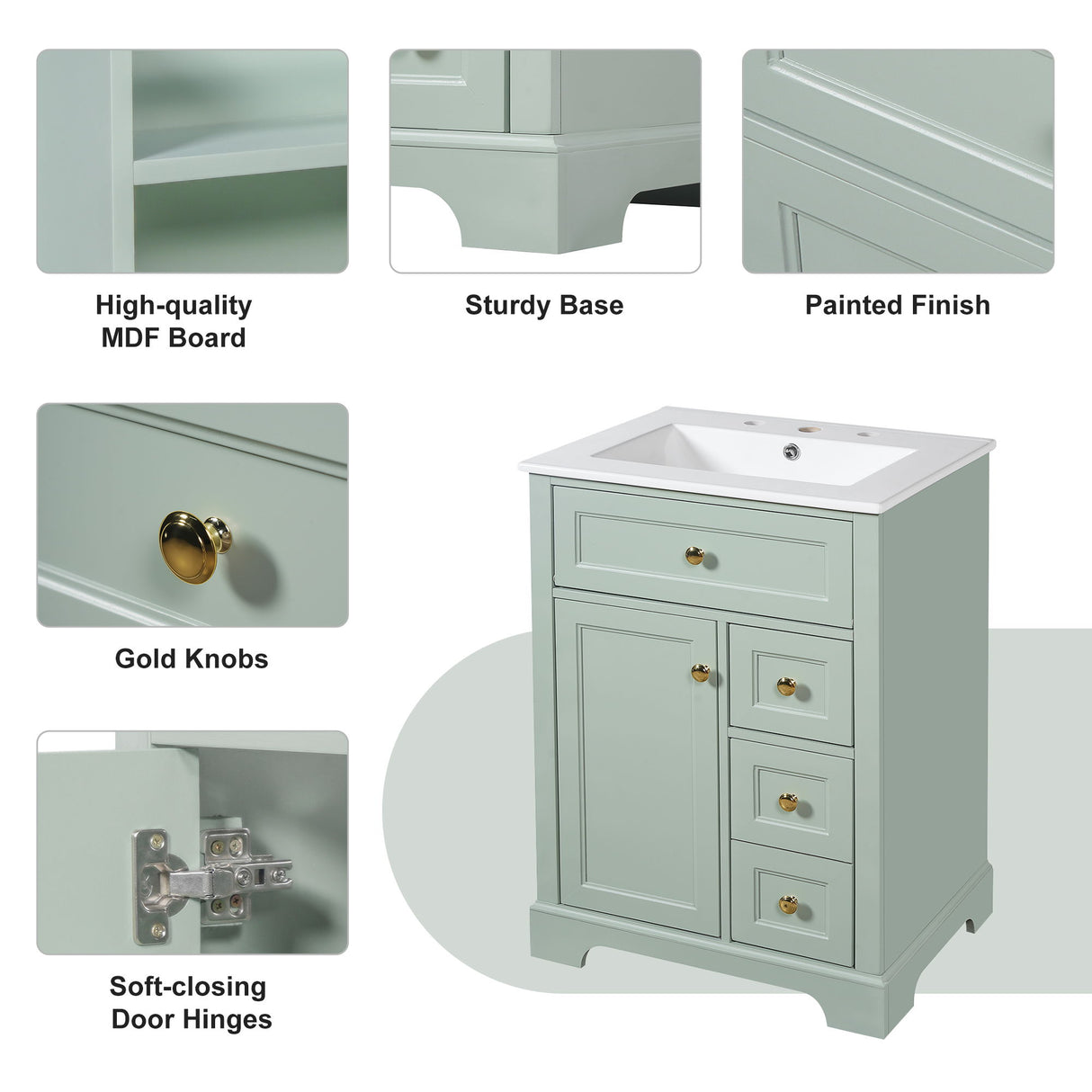 Modern Bathroom Vanity With Sink, 3 Drawers & Cabinet With 2 Tier Door Storage