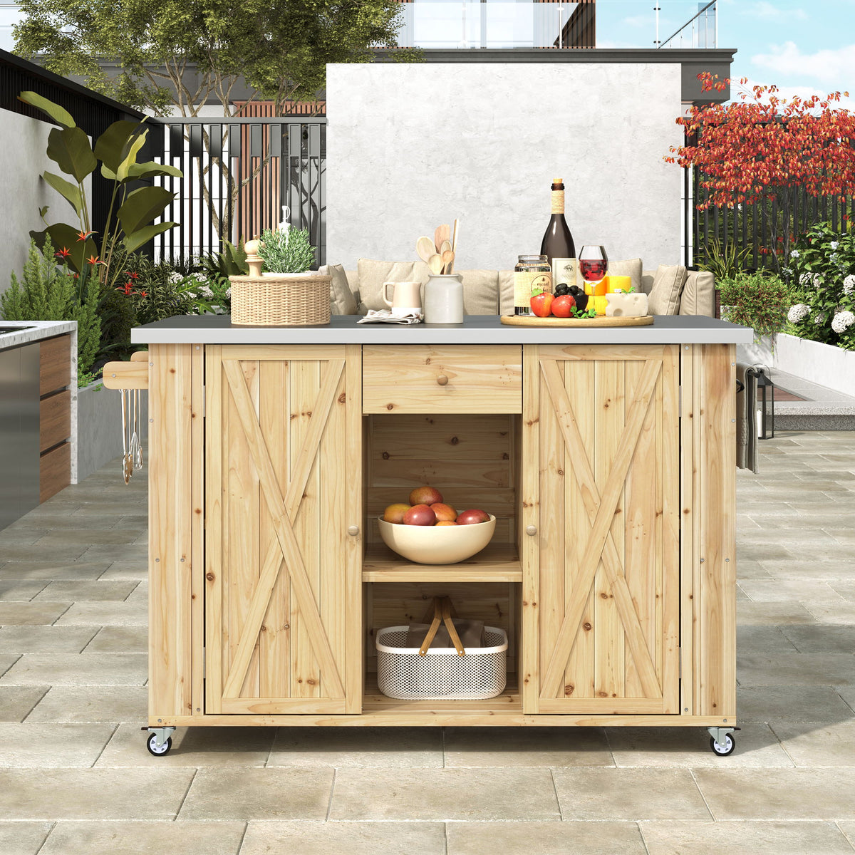 Outdoor Kitchen Island With Stainless Steel Top, Ample Storage Space, Towel And Spice Racks And A Bottle Opener