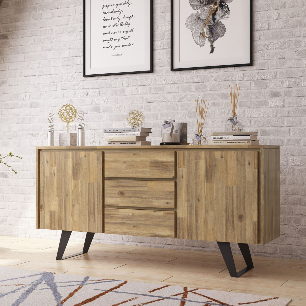Sideboard Buffet Dining Storage Cabinet Industrial Acacia Wood 60x30in