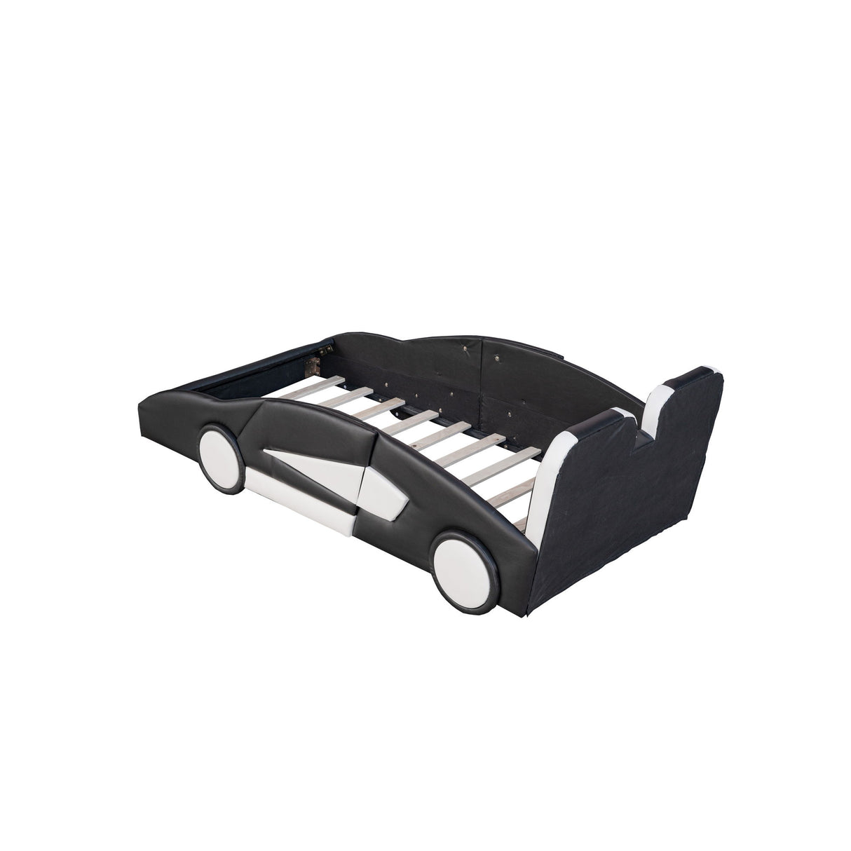 Race Car Shaped Twin Platform Bed With Wheels, Pine Wood Construction