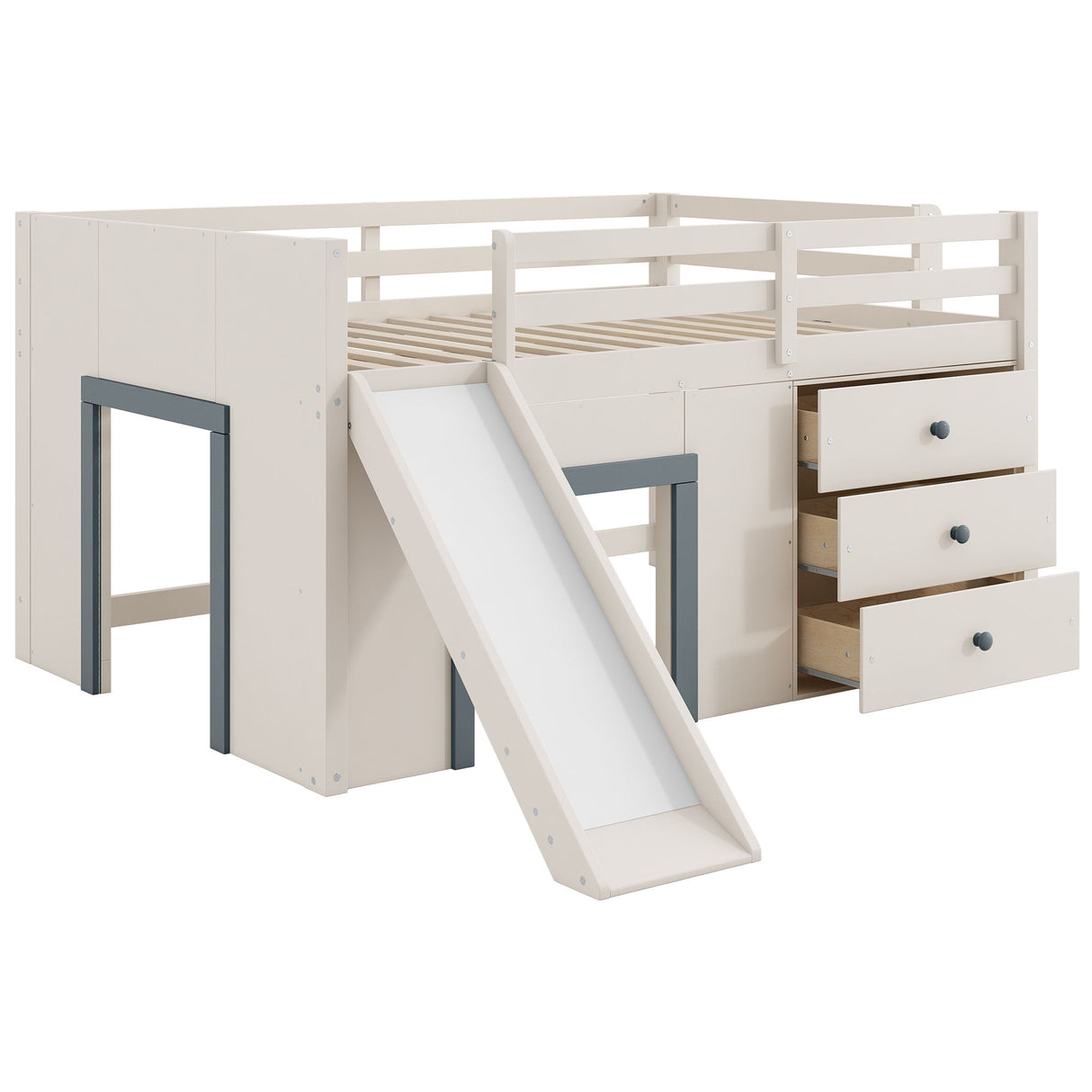 Modern Low Loft Bed With Slide, 3 Storage Drawers, And 2 Doors