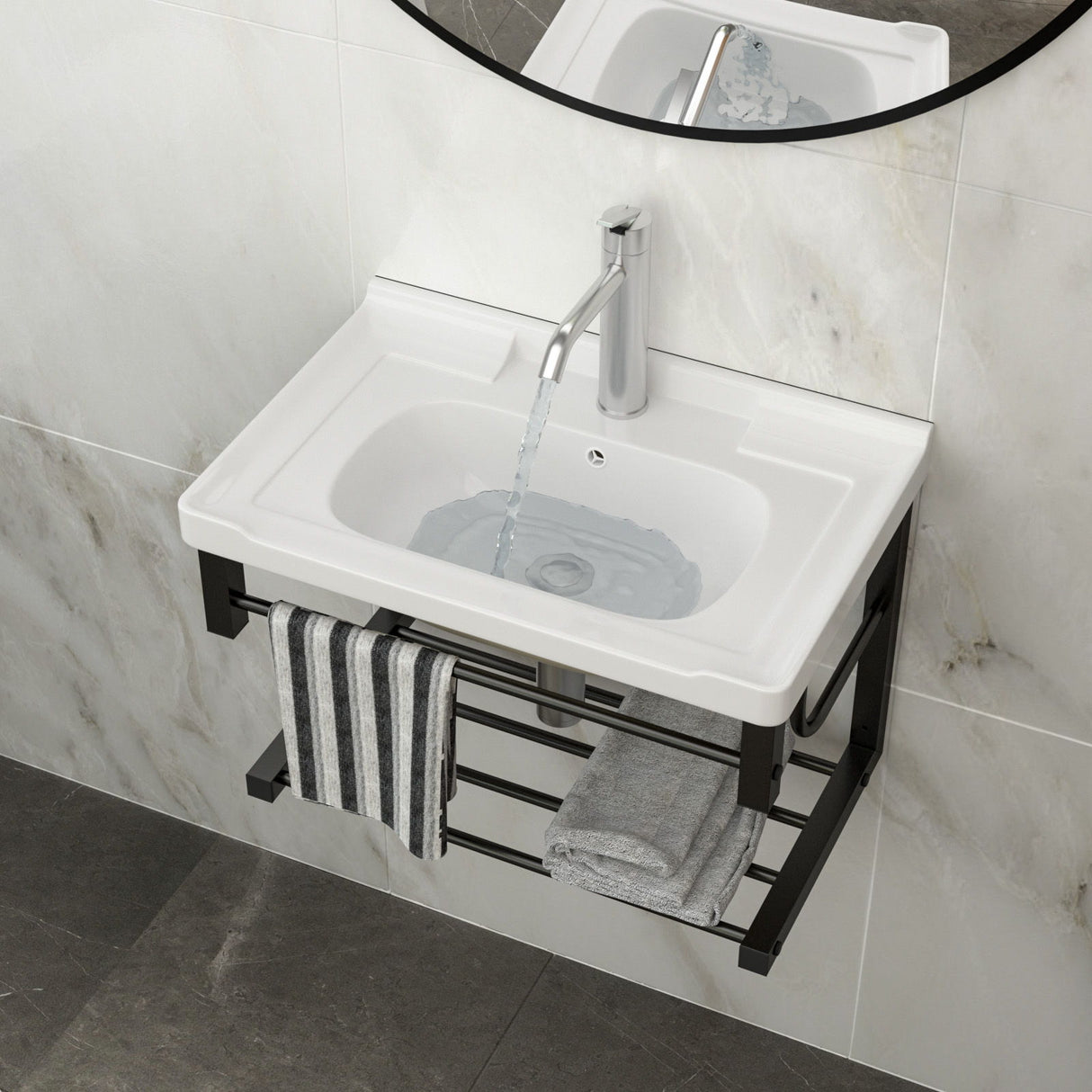 Wall Mounted Rectangular Bathroom Sink With Towel Bar & Overflow - White