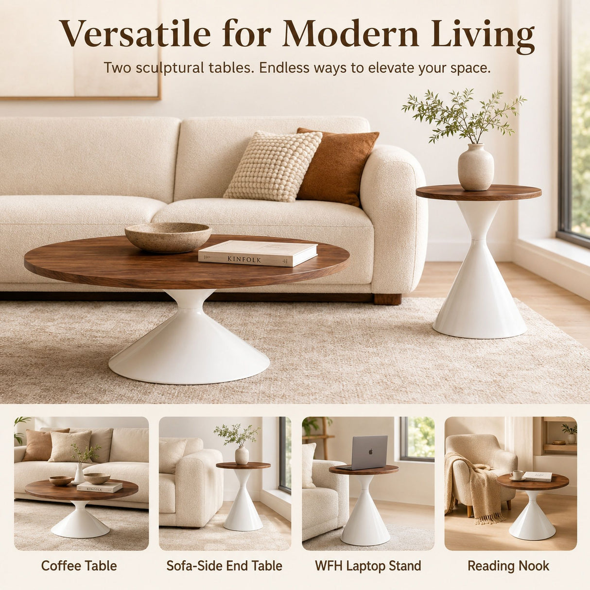 2 Piece Round Coffee Table Set - Walnut / White