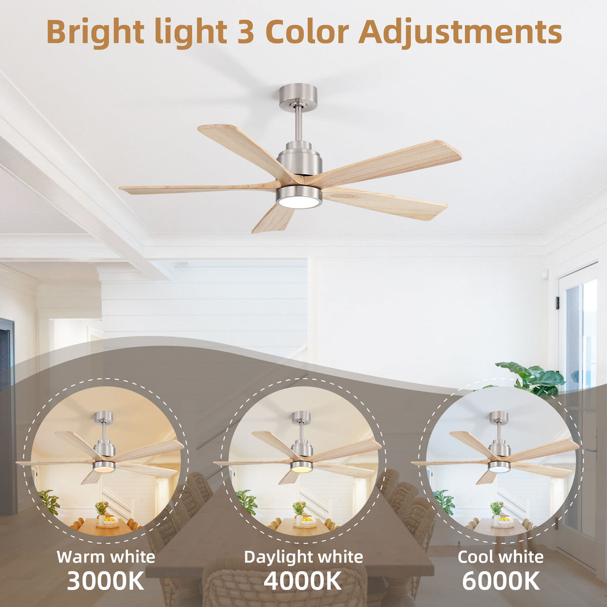 52" Ceiling Fan With Remote Control, Dimmable 3 Color Temperature LED Light, Quiet Reversible DC Motor