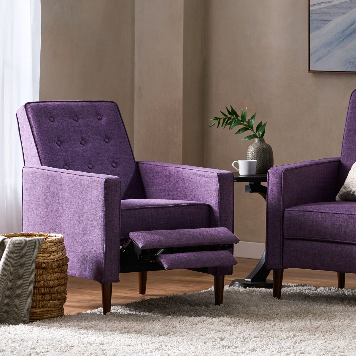 Mid-Century Modern Recliner With Button Tufted Waffle Stitch