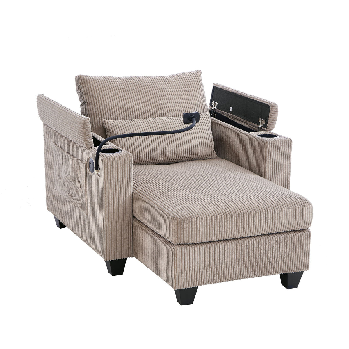 Convertible Chaise Lounge Sofa Chair With USB Ports, Cup Holders, Phone Holder And Storage