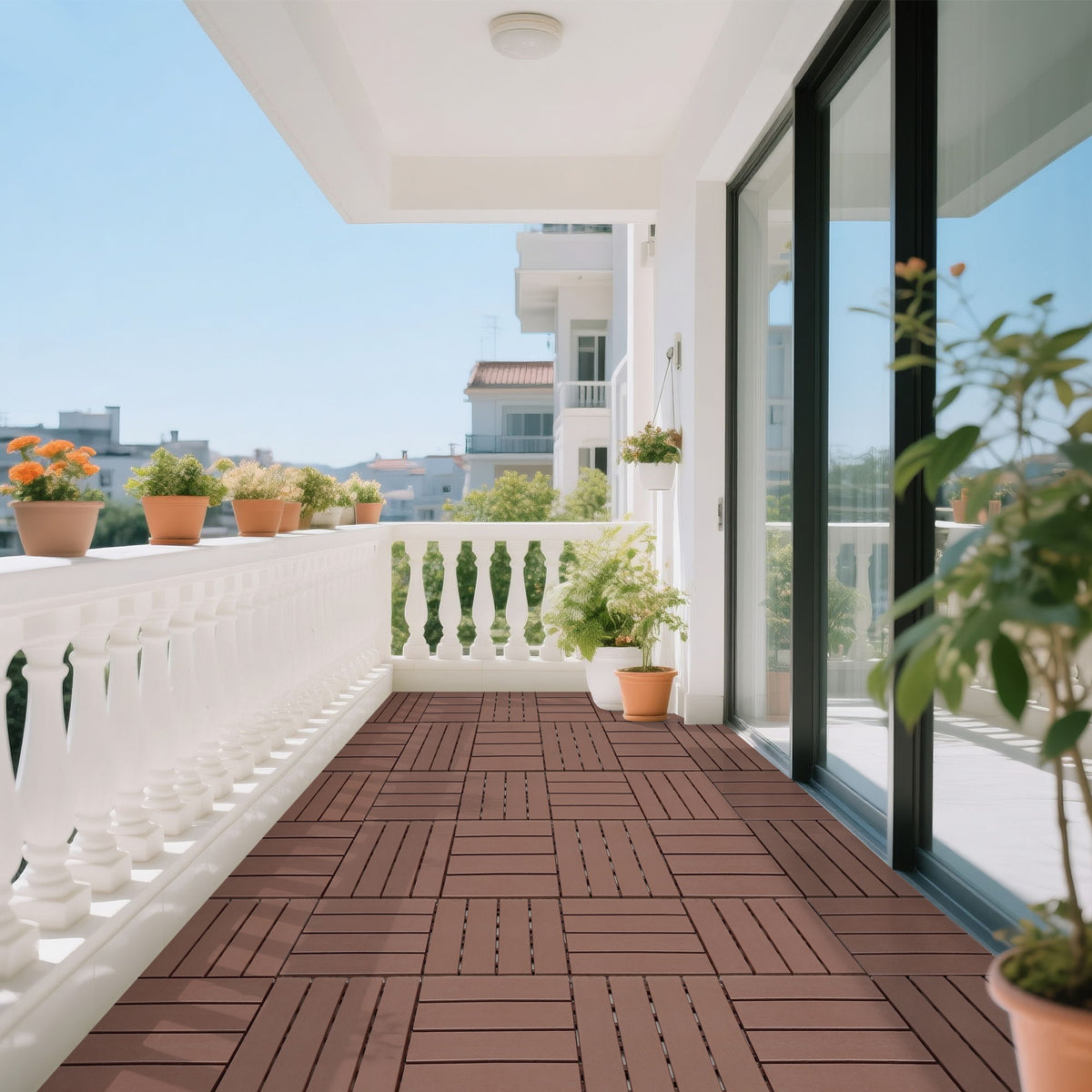 Interlocking Decking Waterproof Outdoor Indoor Flooring Tiles (Set of 44) - Brown