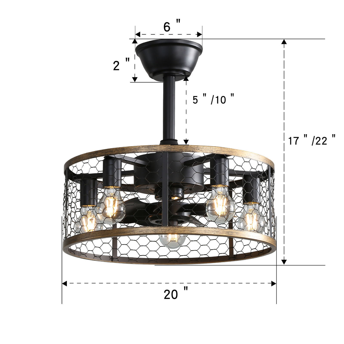 Industrial Caged Ceiling Fan With 7-Abs Blades Remote Control, Small Ceiling Fan Reversible Dc Motor With Etl Certificate - Black / Gold