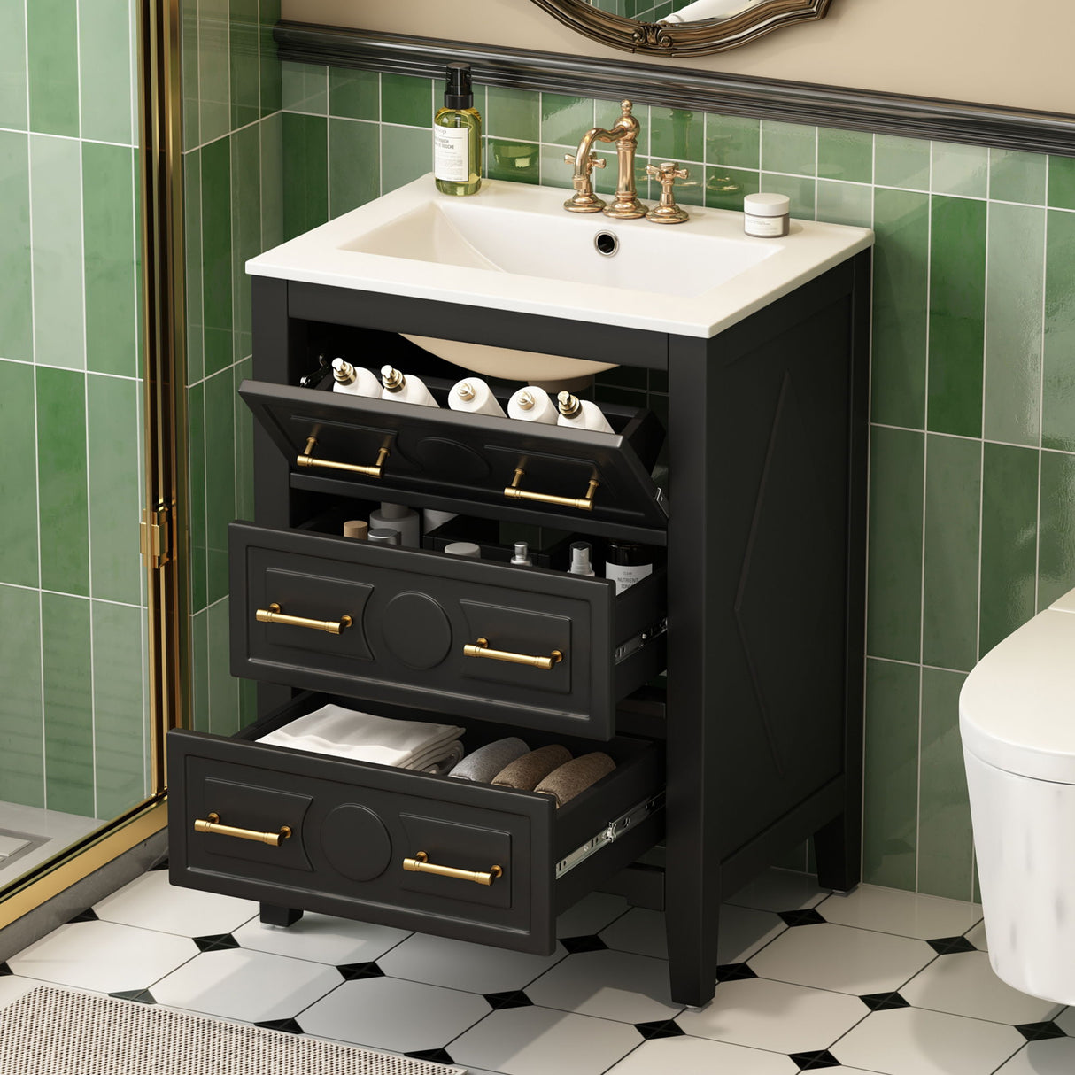 Bathroom Vanity With Sink, Free Standing Single Set, 3 Drawer Storage Cabinet
