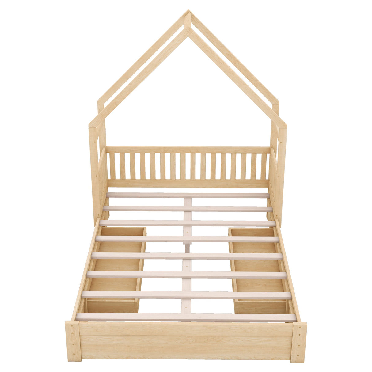 House Style Platform Bed With Guardrail And 2 Drawers