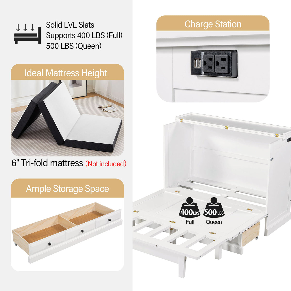 Full Solid Pine Murphy Bed Chest Cube Cabinet Bed With Charging Station And Large Storage Drawer For Home Office Or Small Room - White